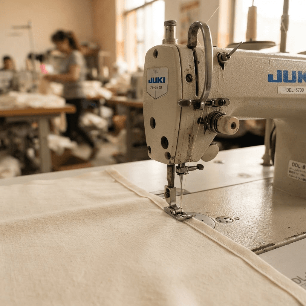 Industrial sewing machine stitching garment fabric